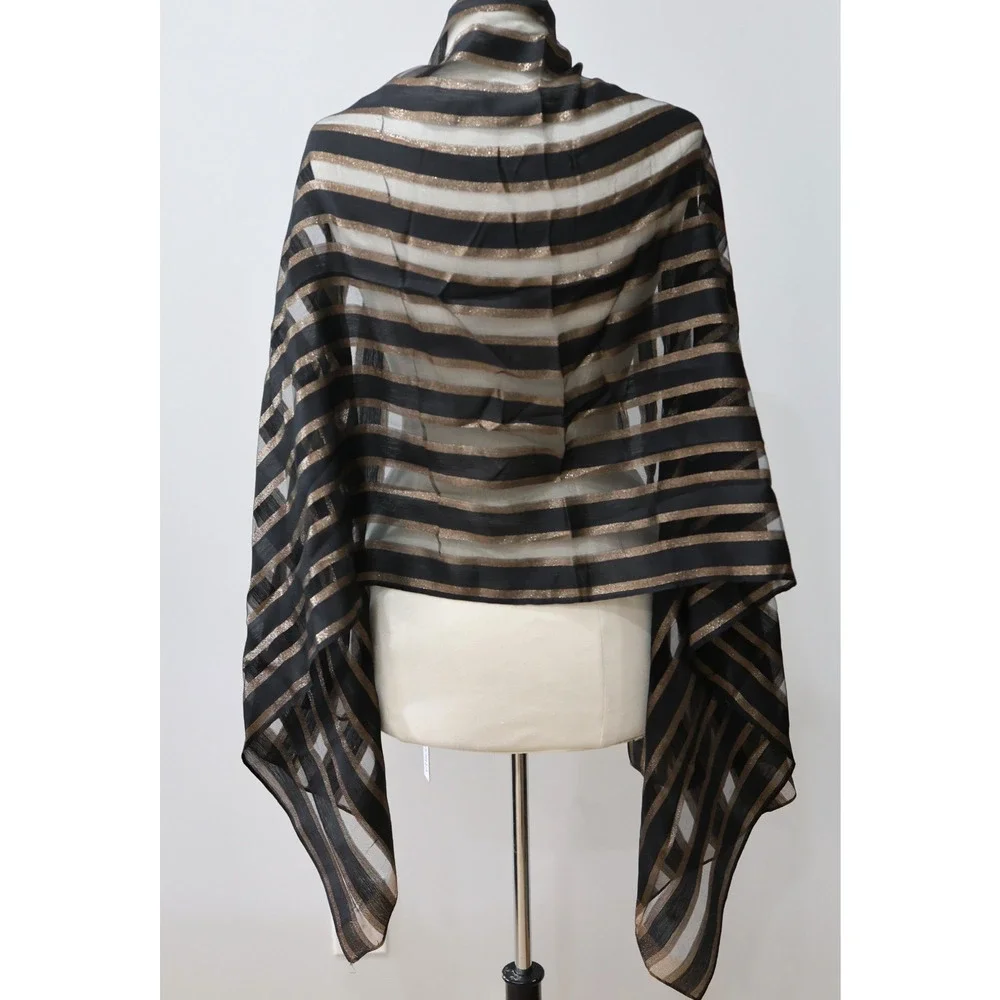 A5 NWT Auth CHICO'S Metallic Silk Blend Sparkling Black Gold Lurex Scarf $49.50